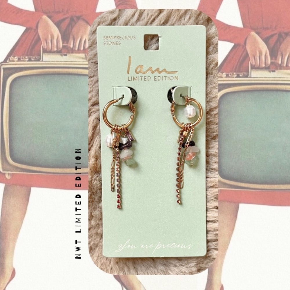 🆕 limited edition previous stone gold fringe boho hoop dangling earrings